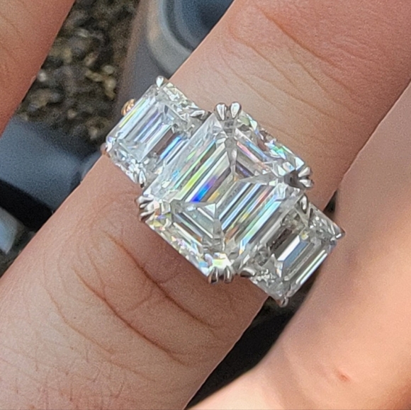 12 Carat GRA Certified ThreeStone Emerald Cut Moissanite Wedding Engagement Ring - Picture 1 of 4